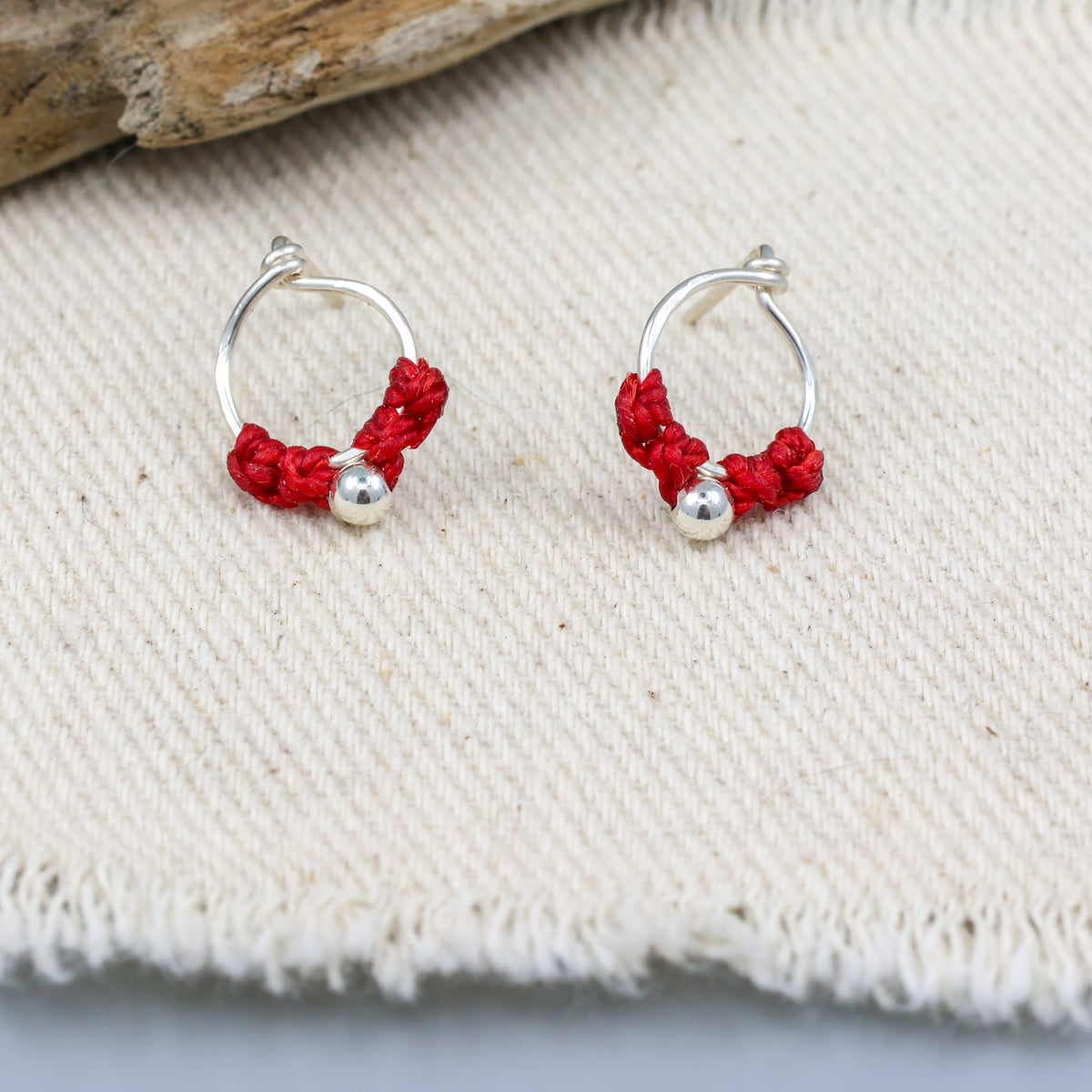 handmade sterling silver red macrame earrings