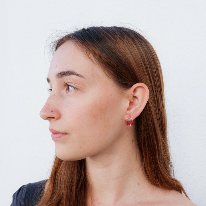 handmade small red macrame earrings with sterling silver