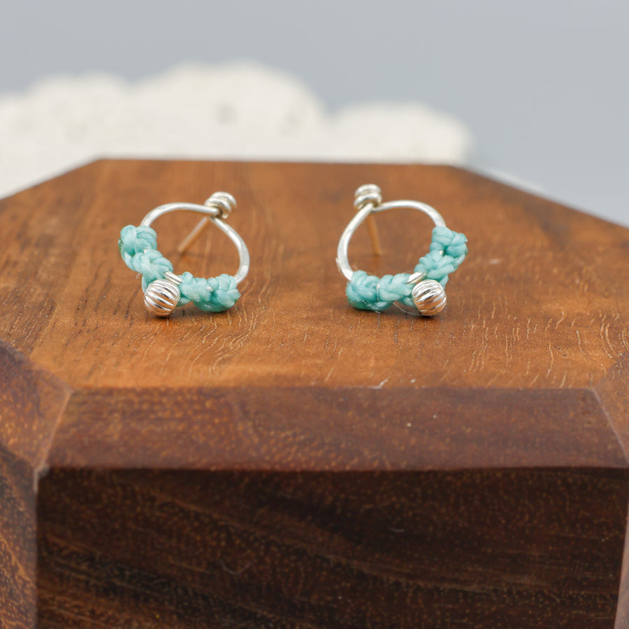 sterling silver macrame earrings aqua blue