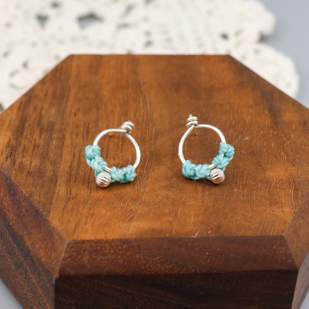sterling silver macrame earrings aqua blue detail view