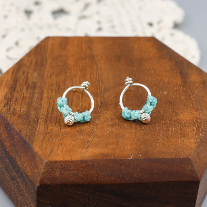 sterling silver macrame earrings aqua blue detail view