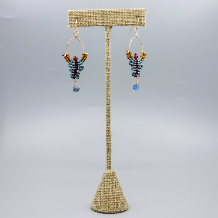 handmade macrame earrings with kyanite and garnet beads in 14k gold fill full view