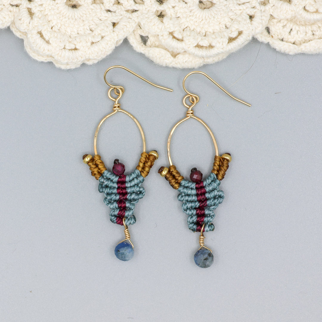 handmade macrame earrings with kyanite and garnet beads in 14k gold fill