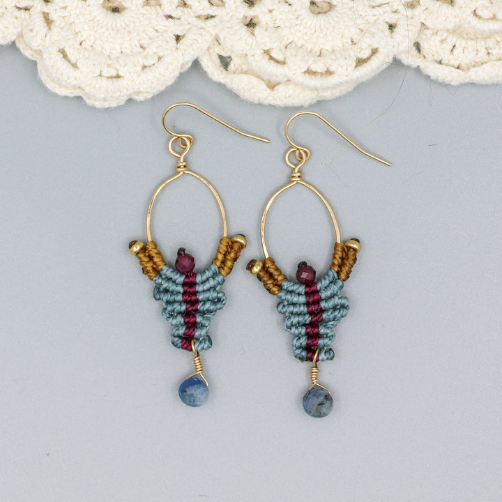 handmade macrame earrings with kyanite and garnet beads in 14k gold fill