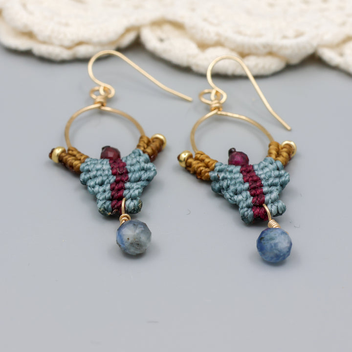 handmade macrame earrings with kyanite and garnet beads in 14k gold fill detail view