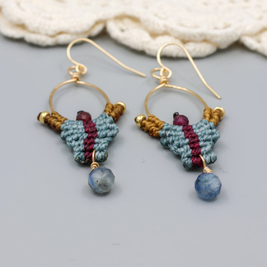 handmade macrame earrings with kyanite and garnet beads in 14k gold fill detail view