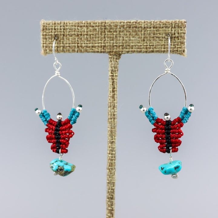 red, black, turquoise sterling silver macrame earrings with turquoise bead