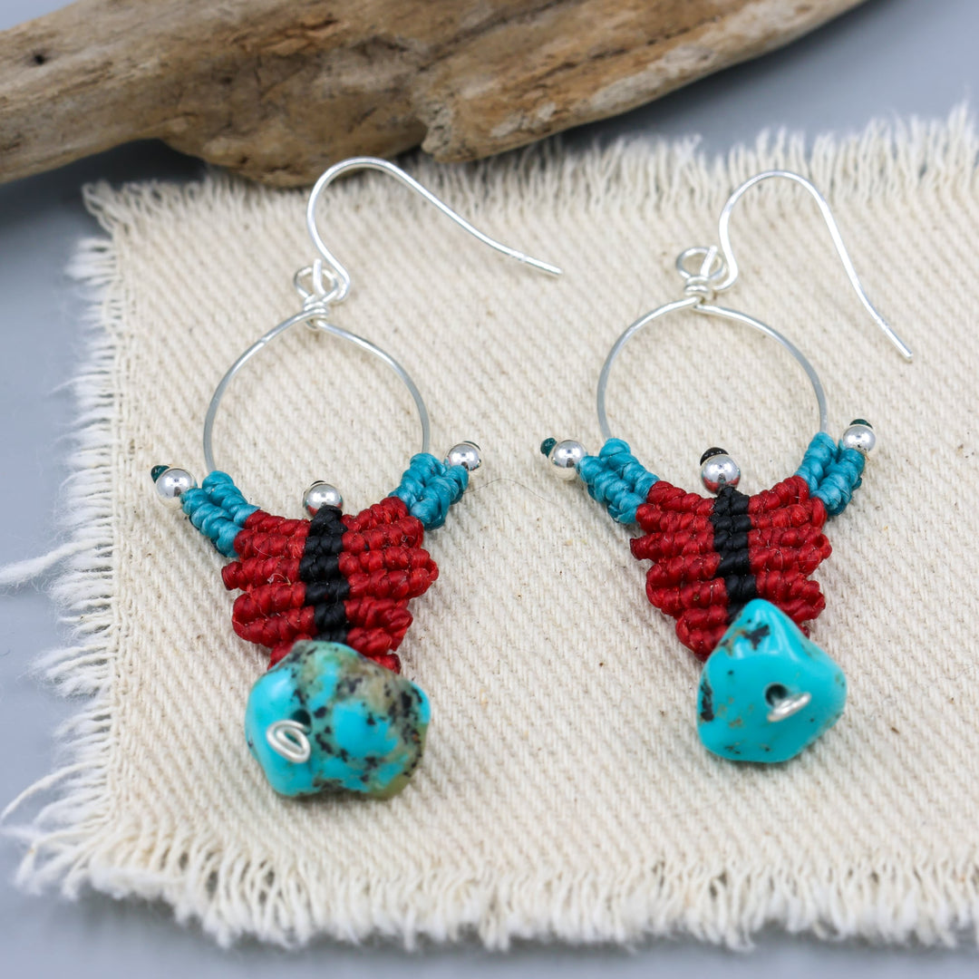 red, black, turquoise sterling silver macrame earrings with turquoise bead detail view