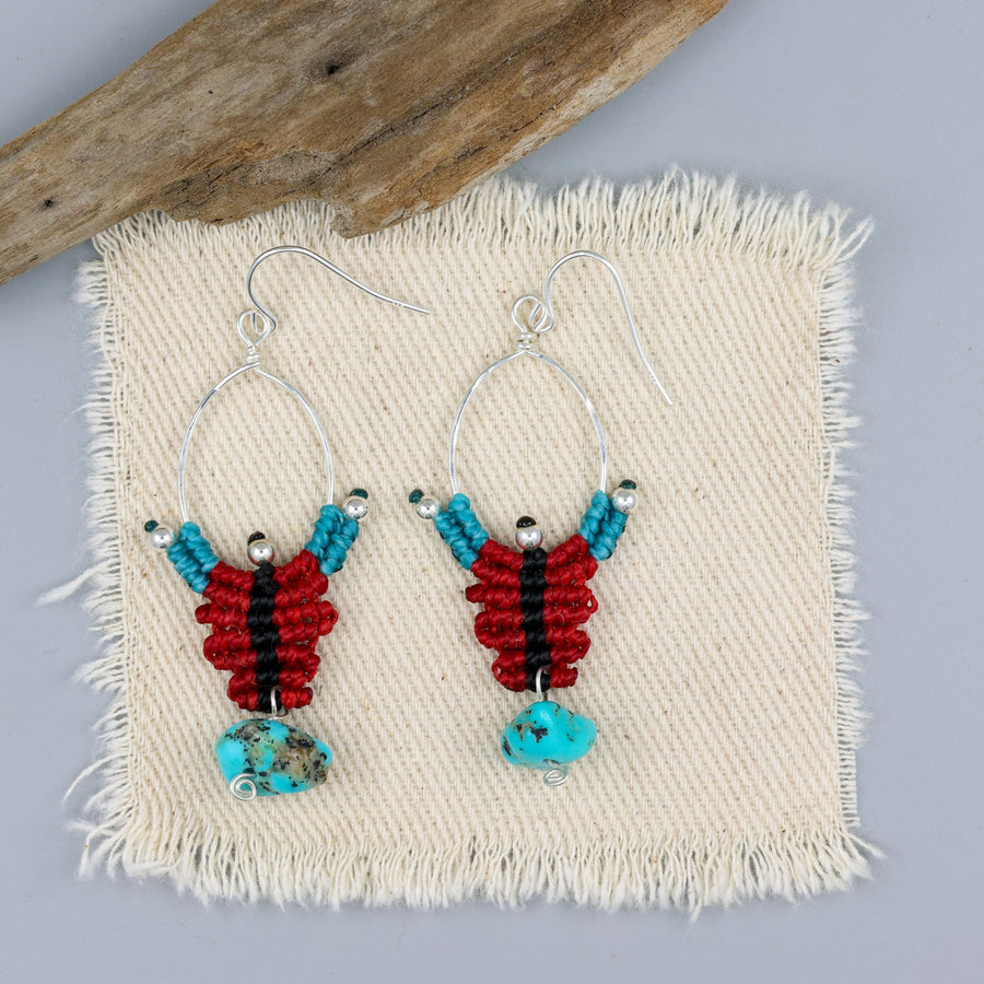 handmade red, black, turquoise sterling silver macrame earrings with turquoise bead