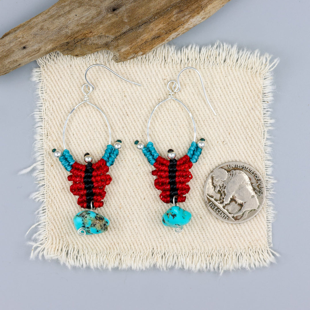 red, black, turquoise sterling silver macrame earrings with turquoise bead with a nickel