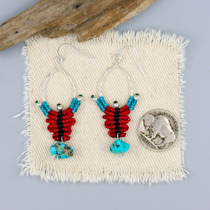 red, black, turquoise sterling silver macrame earrings with turquoise bead with a nickel