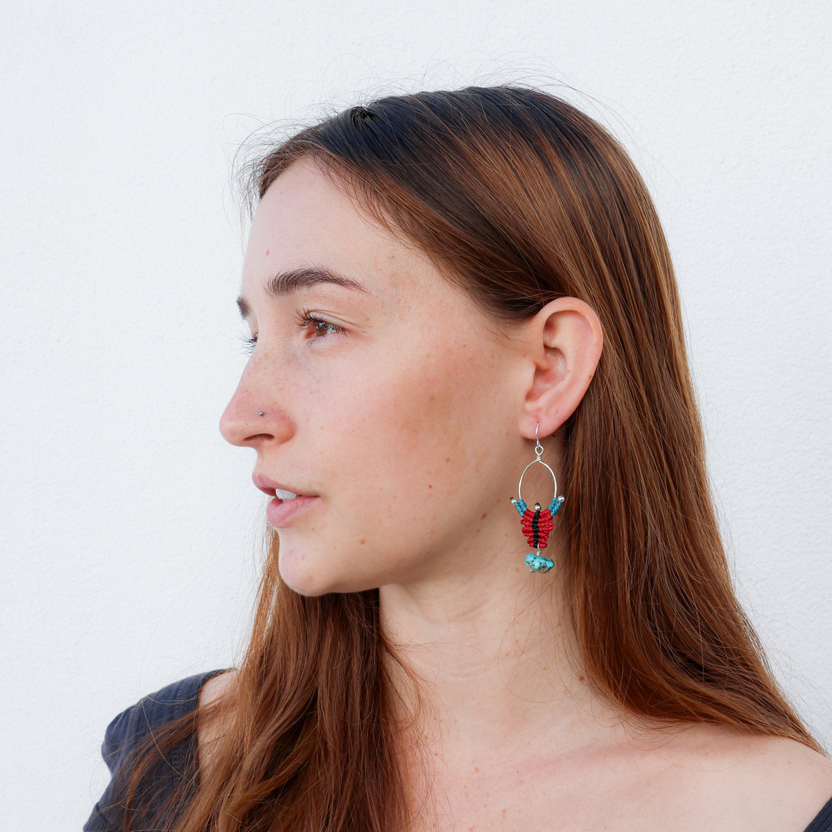 red and turquoisde sterling silver macrame hoop earrings