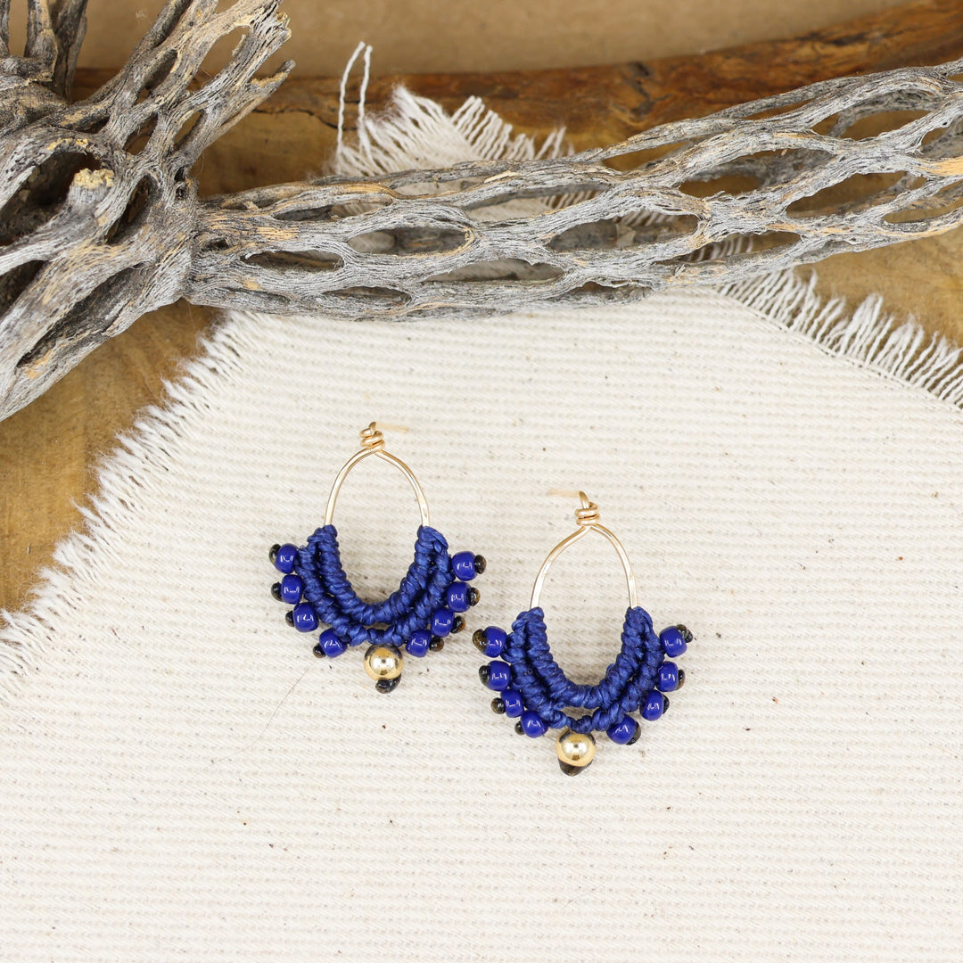 blue and gold macrame earrings