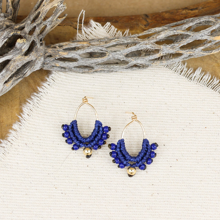 blue and gold macrame earrings