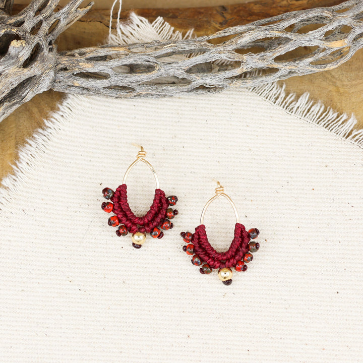 handmade red and gold-fill macrame earrings