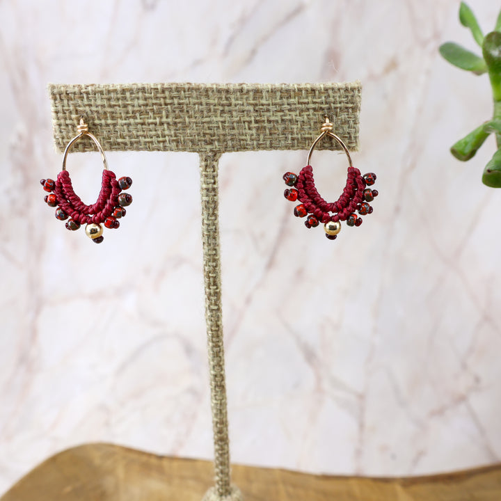 handmade gold fill red macrame earrings