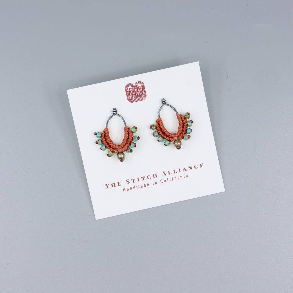 handmade oxidized sterling silver macrame earrings in terracotta and turquoise