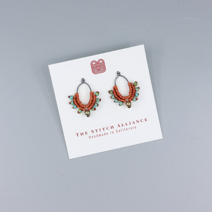 handmade oxidized sterling silver macrame earrings in terracotta and turquoise