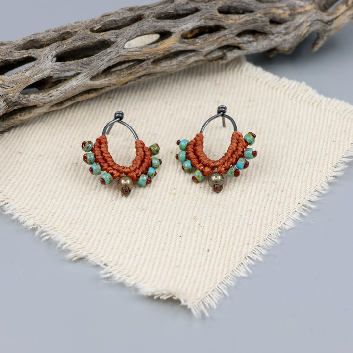 handmade oxidized sterling silver macrame earrings in terracotta and turquoise