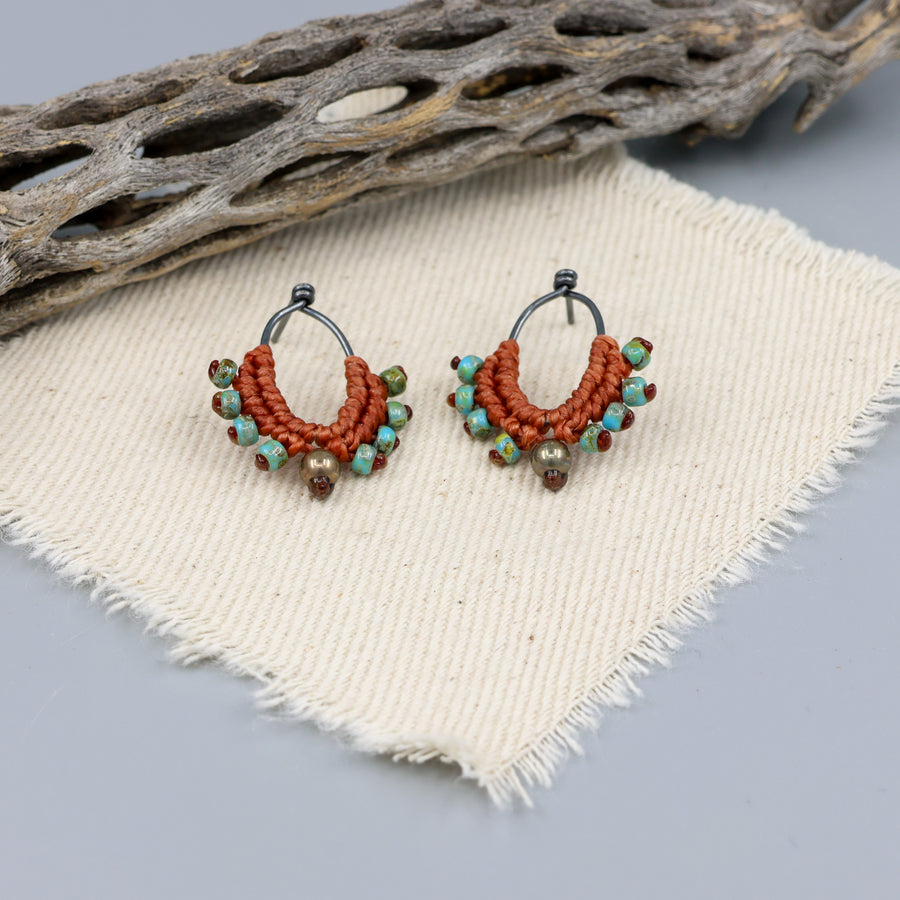 handmade oxidized sterling silver macrame earrings in terracotta and turquoise
