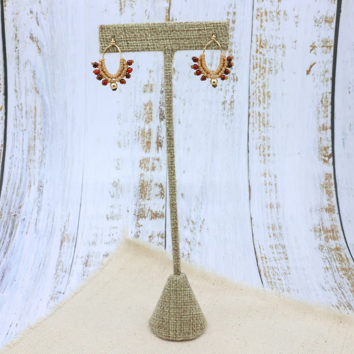 handmade 14k gold filled earrings in tan macrame with red beads