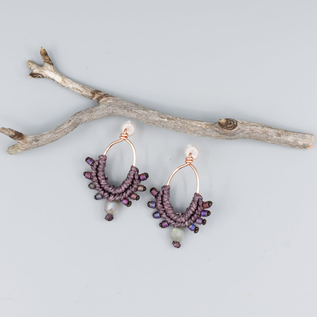 handmade dusty purple rose gold macrame earrings