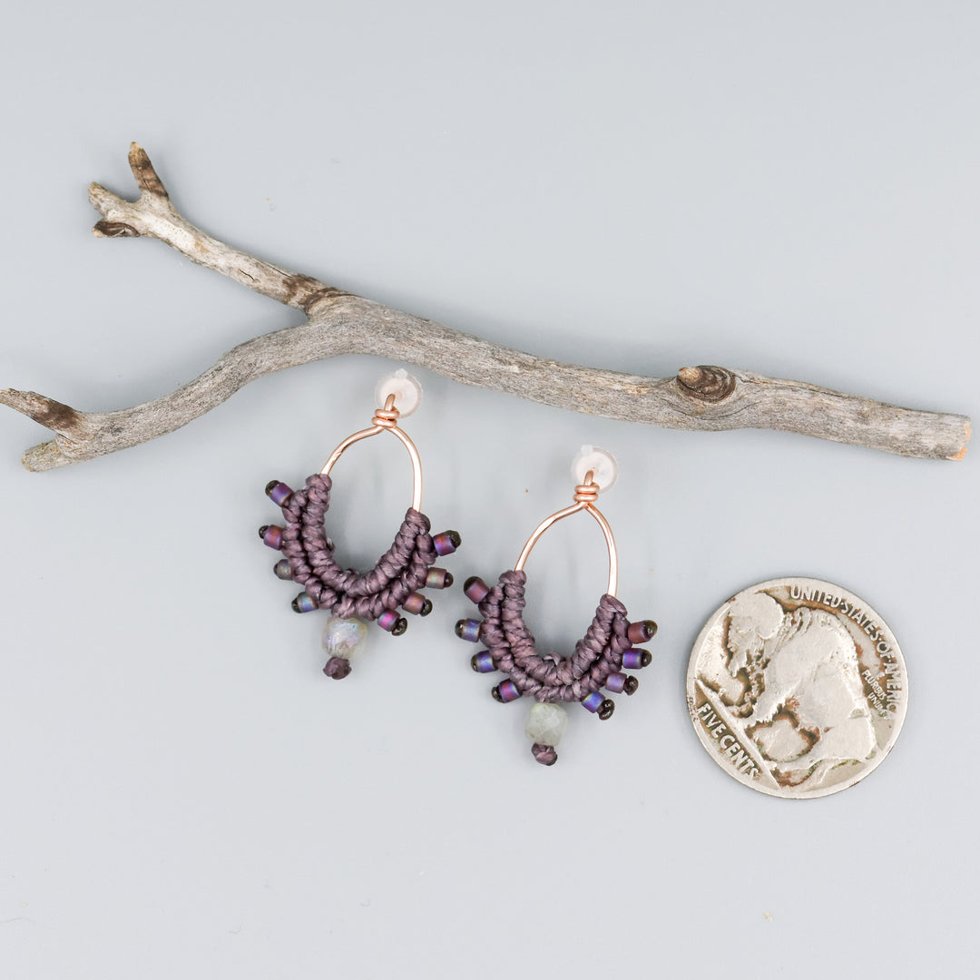 dusty purple rose gold macrame earrings with coin for size comparison