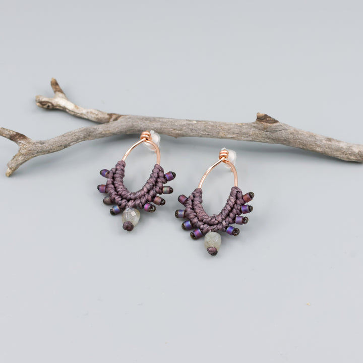 detail dusty purple rose gold macrame earrings