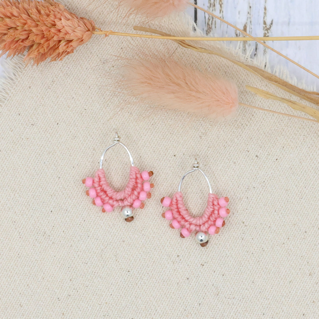 handmade sterling  silver pink macrame earrings