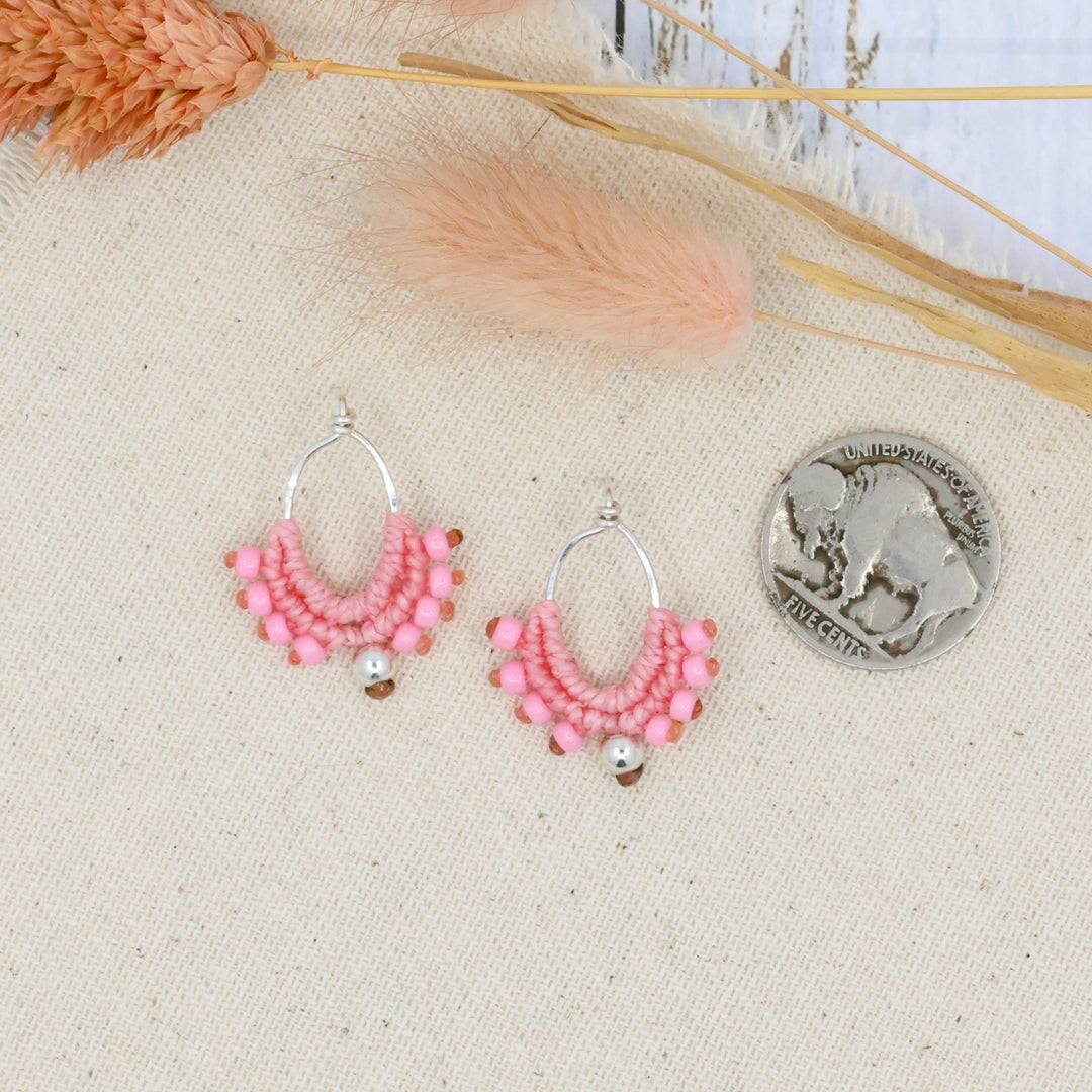 pink macrame earrings sterling silver with coin to show size