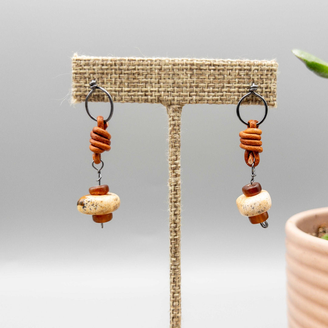 Picture jasper, horn, leather, and oxidized sterling silver drop earrings