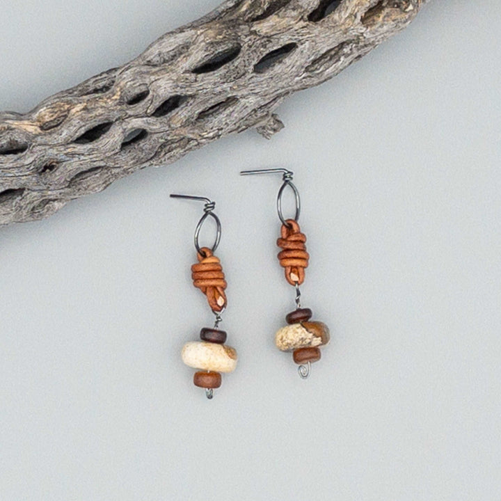 Handmade Picture jasper, horn, leather, and oxidized sterling silver drop earrings