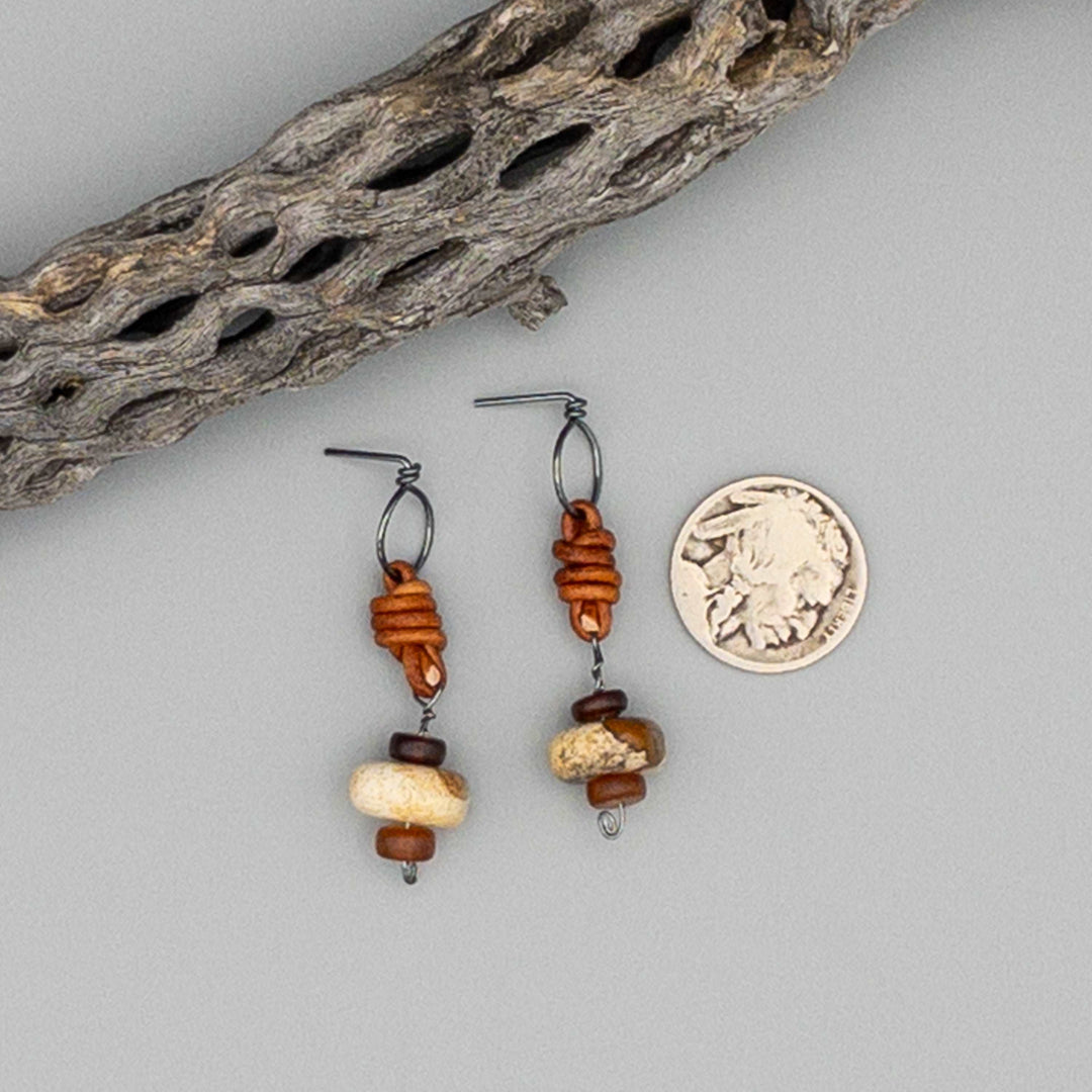 Picture jasper, horn, leather, and oxidized sterling silver drop earrings with a nickle for size comparisson