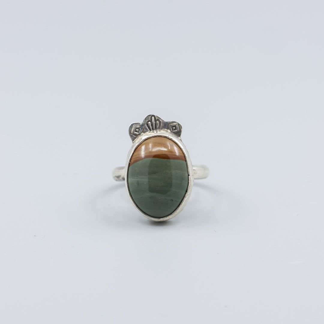 Picture Jasper Sterling Silver Ring on a gray background handmade in california