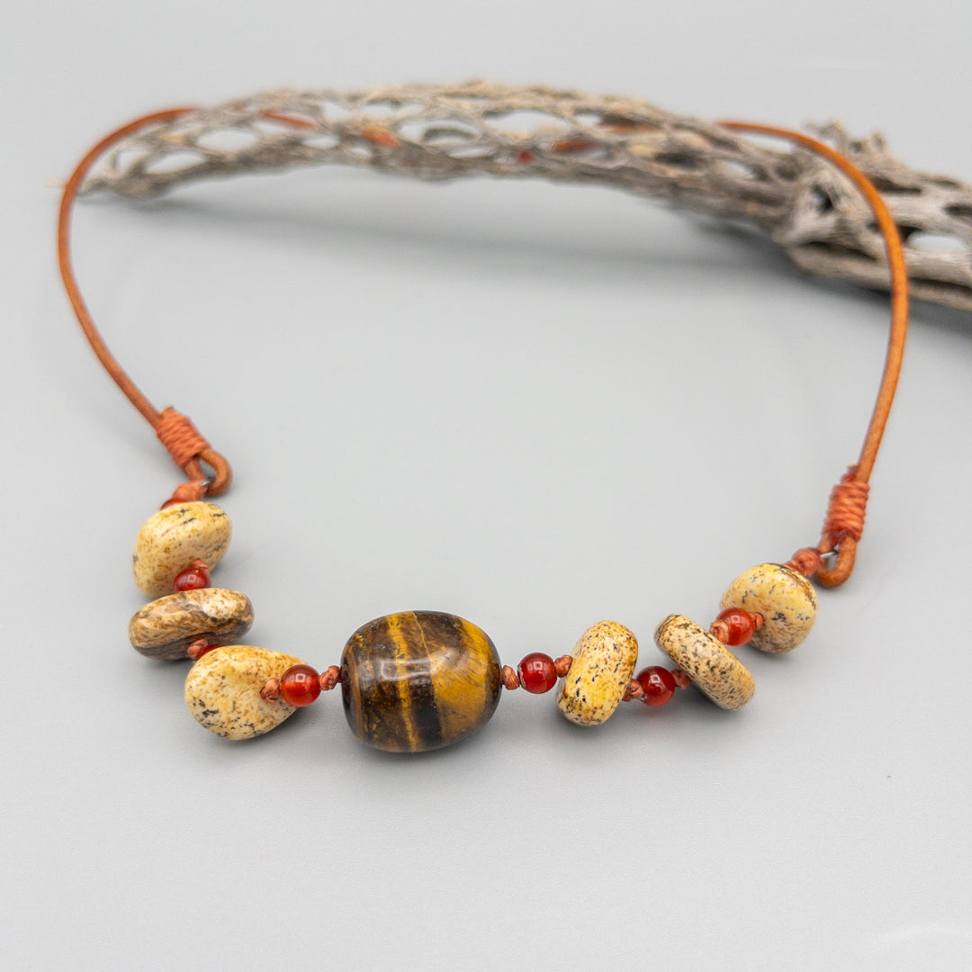 Tigers eye, picture jasper, and carnelian hand-knotted beaded necklace