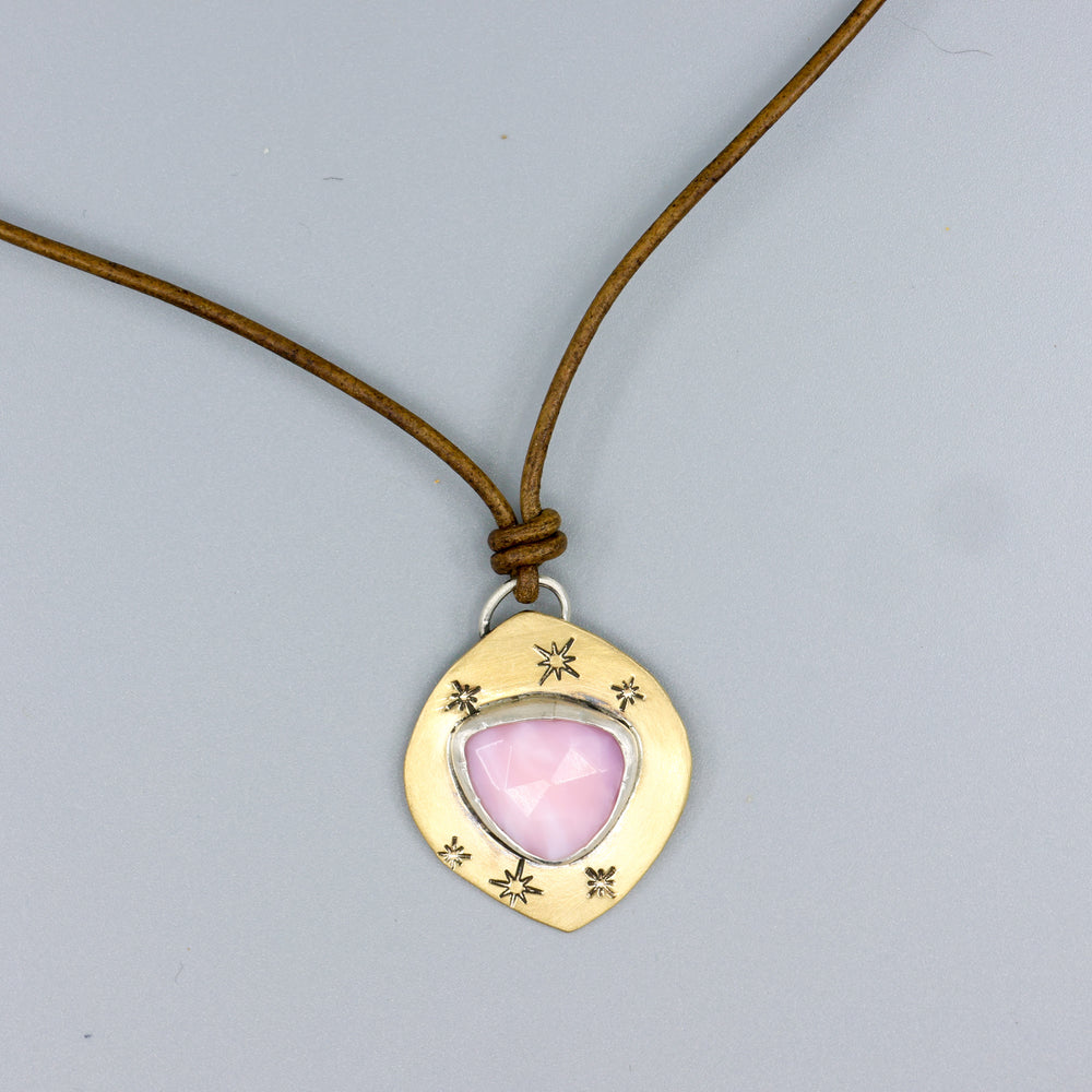 one of a kind pink opal, brass, and leather necklace handmade in california
