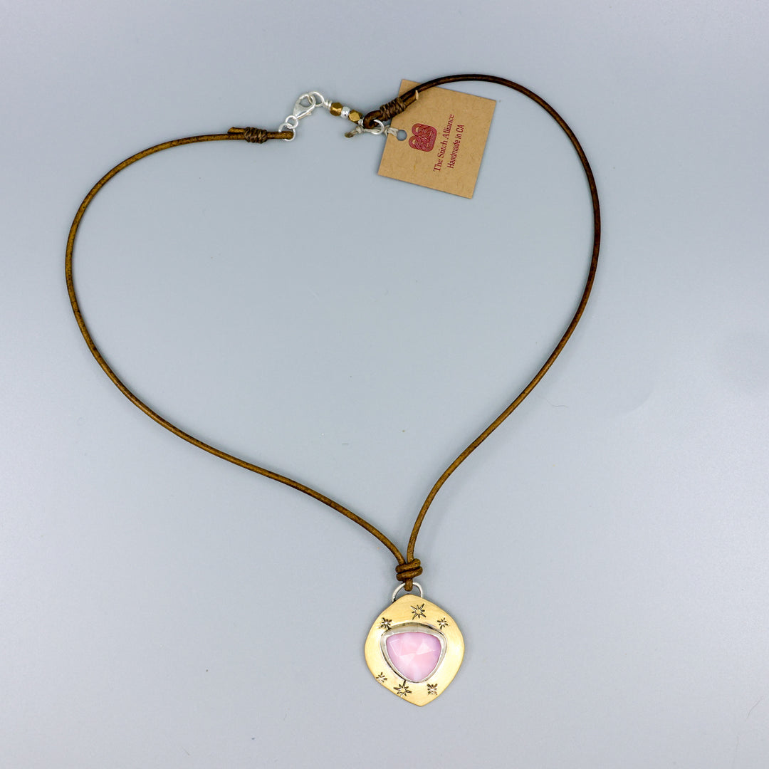 Pink Opal Leather & Brass Necklace One of a Kind