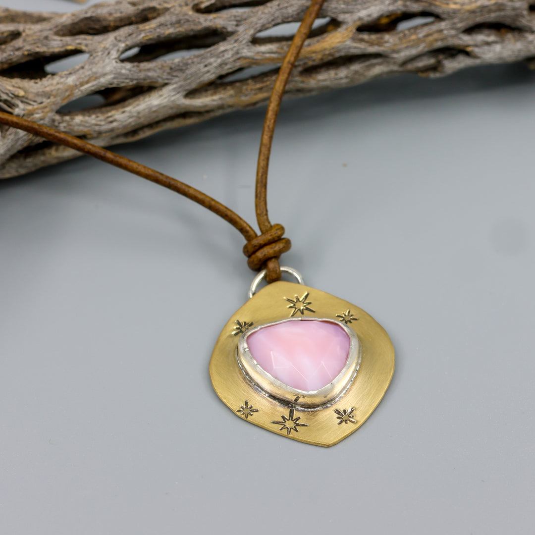 one of a kind pink opal, brass, and leather necklace