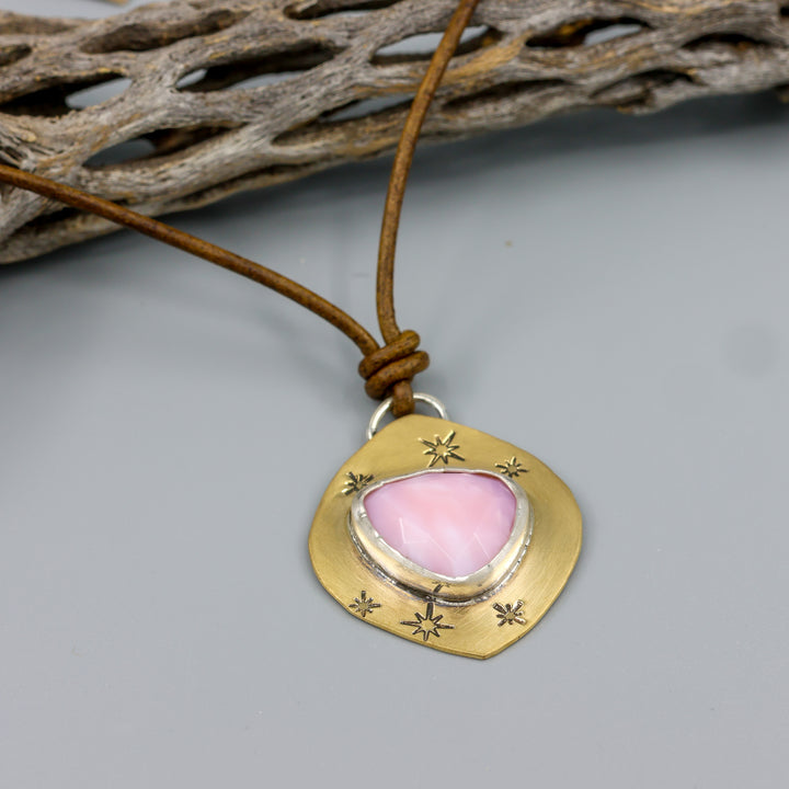 one of a kind pink opal, brass, and leather necklace