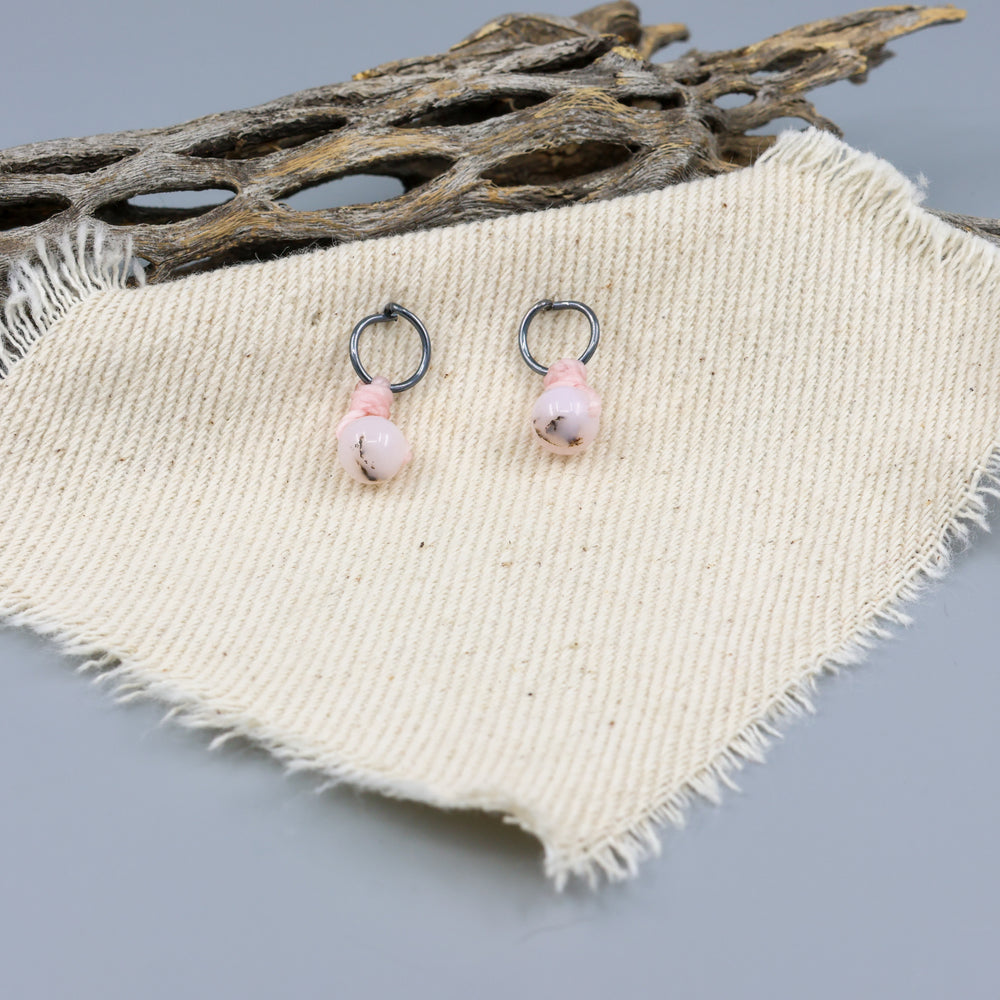 pink opal mini dangle earrings oxidized sterling silver handmade