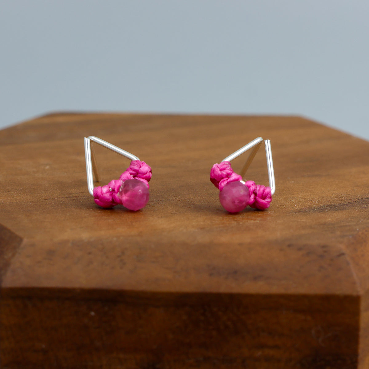 pink tourmaline stud earrings sterling silver triangle