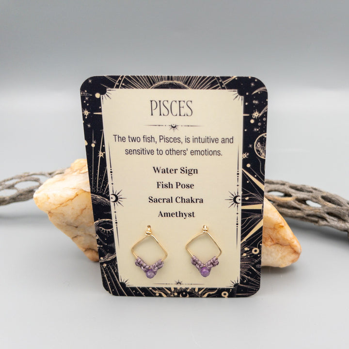 Pisces amethyst macrame earrings in gold fill  front of card