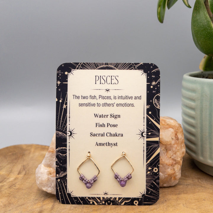 Pisces amethyst macrame earrings in gold fill  on a gift card
