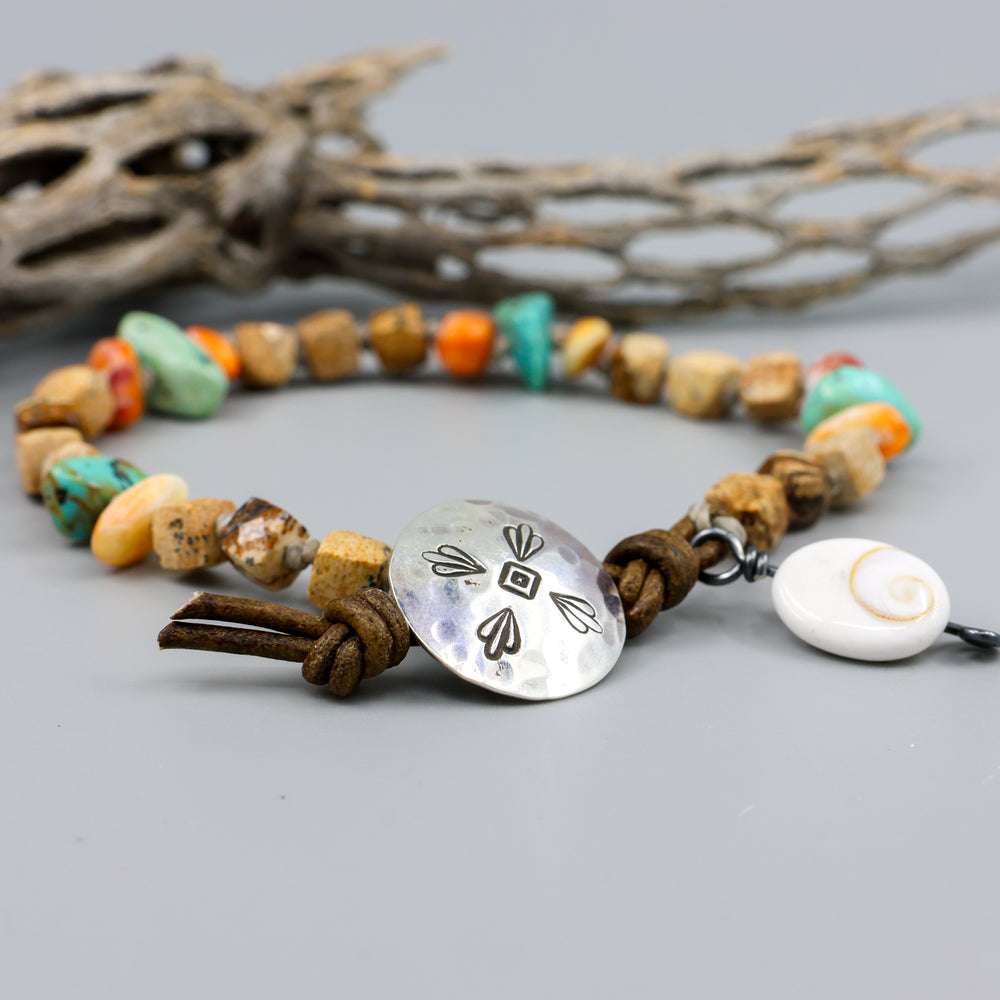 Picture Jasper, Turquoise, and Spiny Oyster handmade bracelet with leather and sterling silver button closure