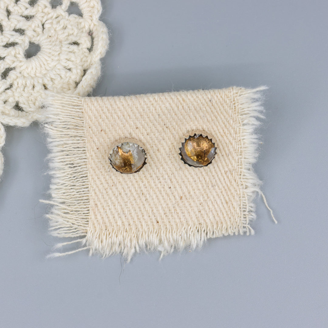 Handmade, copper calcite stud earrings in sterling silver overhead view