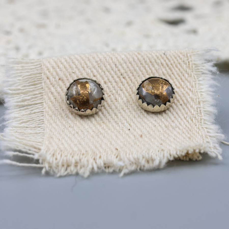 Handmade, copper calcite stud earrings in sterling silver