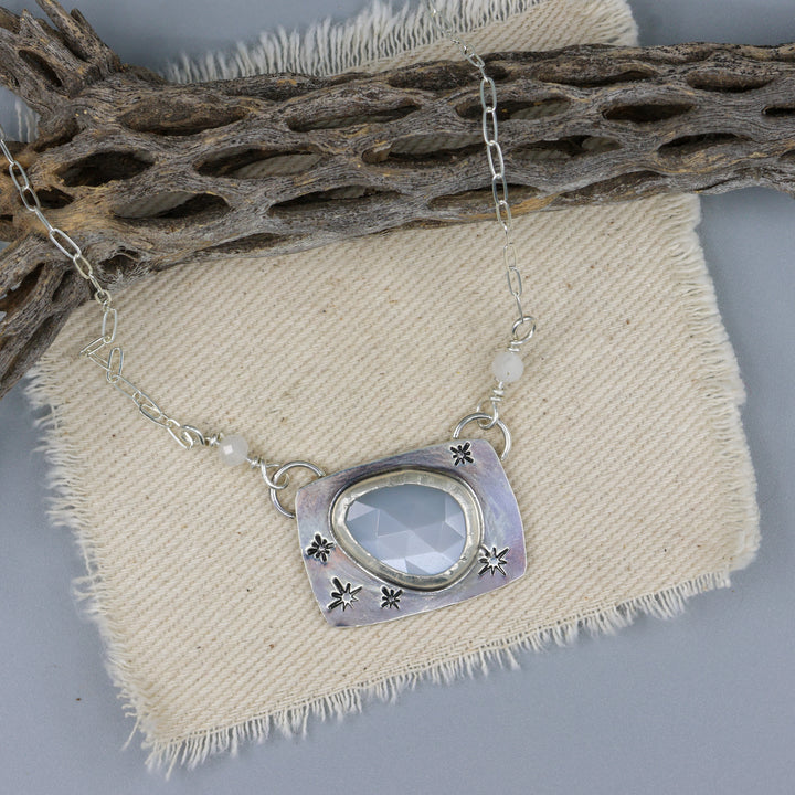 handmade, rose cut Rainbow moonstone sterling silver one of a kind necklace
