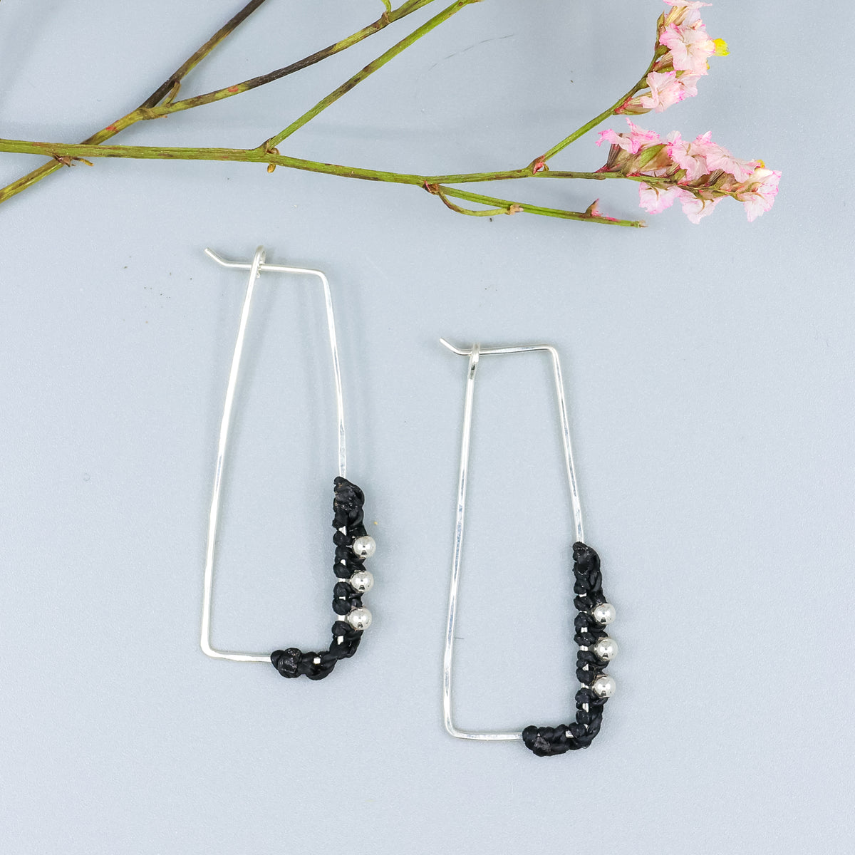 handmade sterling silver rectangle hoops with macrame detail