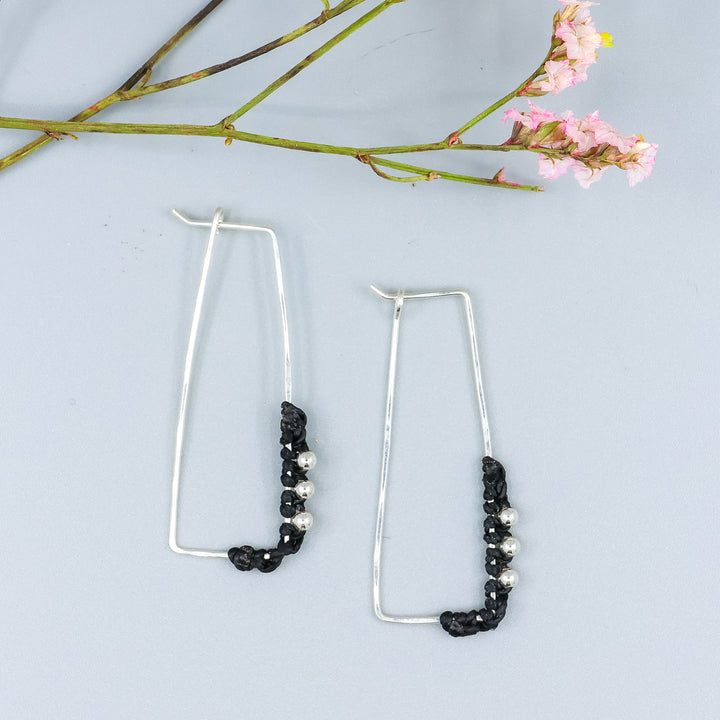 handmade sterling silver rectangle hoops with macrame detail