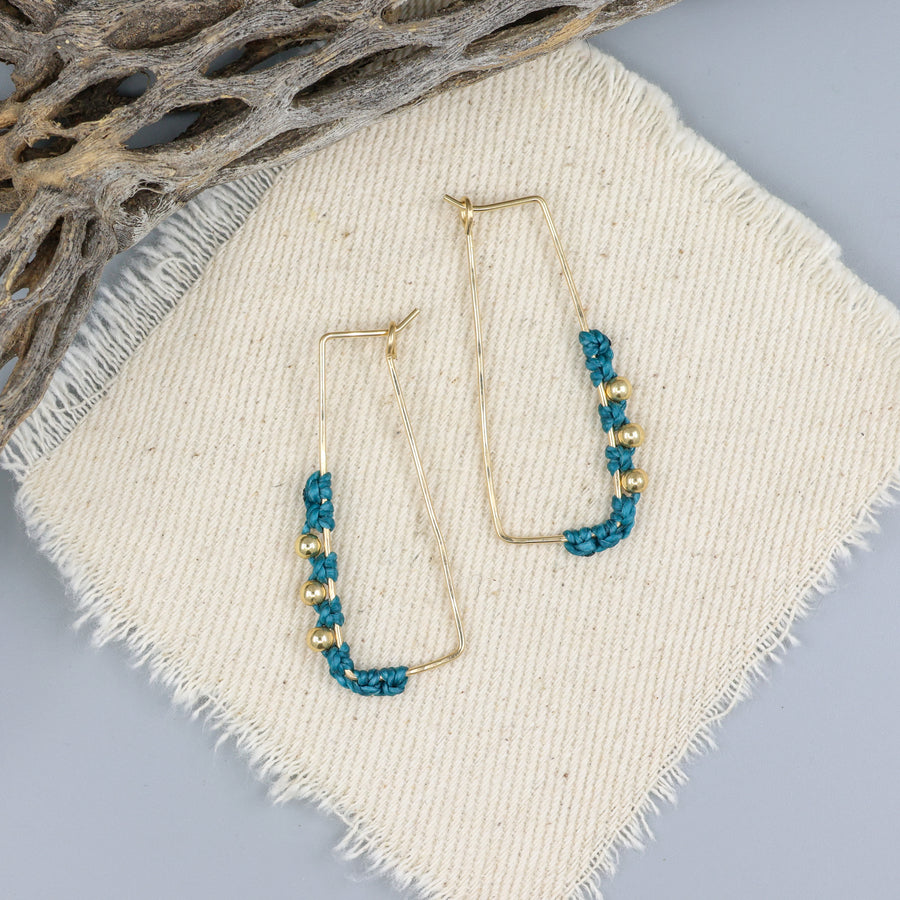 gold hoop earrings with teal blue macrame details handmade